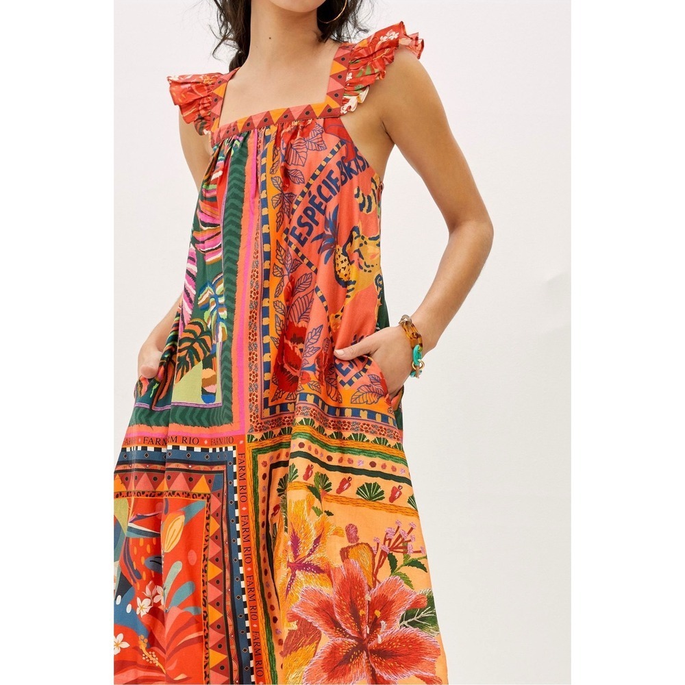 Farm Rio for Anthropologie Mosaic Print Ruffled Sleeve Midi Dress Tropical XL - Picture 3 of 8